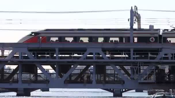 Токіо Японія Листопада 2023 Комутаційний Поїзд Перетинає Міст Токіо Міськими — стокове відео