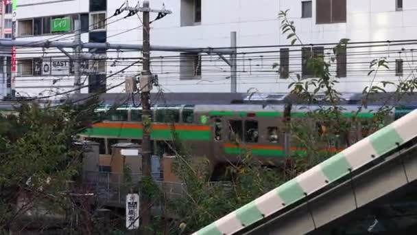 Токіо Японія Листопада 2023 Року Поїзд Проходить Повз Міський Пейзаж — стокове відео