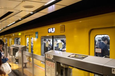 Tokyo, Japonya, 27 Ekim 2023: Tokyo metro peronunda yolcu ve tren