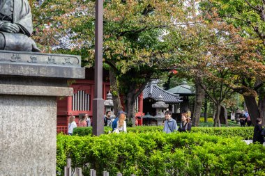 Tokyo, Japonya, 28 Ekim 2023: Tokyo tapınağının sakin bahçesinde ziyaretçiler