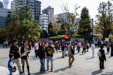 Tokyo, Japonya, 28 Ekim 2023: Ziyaretçiler bir tapınak avlusunda toplandı