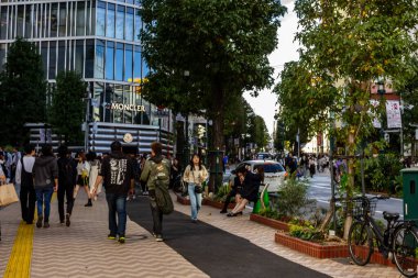 Tokyo, Japonya, 29 Ekim 2023: Lüks perakende mağazaları yakınlarındaki ağaçlık bir sokakta yürüyen yayalar