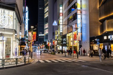 Tokyo, Japonya, 29 Ekim 2023: Tokyo 'da neon ışıkları ve gece kalabalıkları ile hareketli kavşak