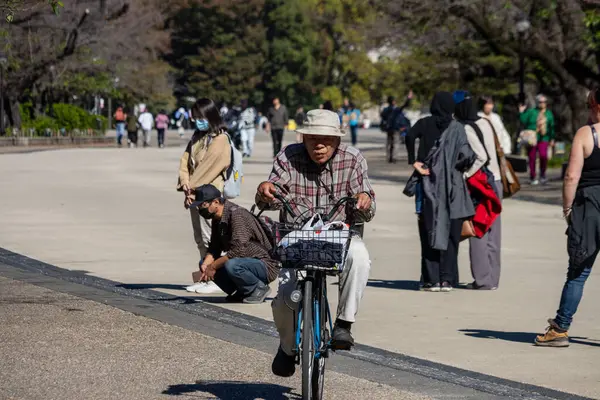 Tokyo, Japonya, 30 Ekim 2023: Kalabalık bir Tokyo parkında bisiklet süren yaşlı adam