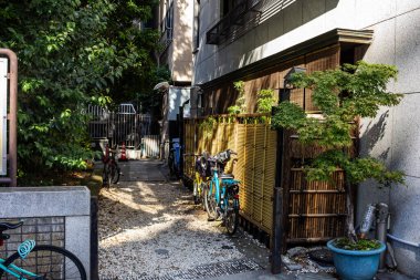 Tokyo, Japonya, 30 Ekim 2023: Tokyo 'da bisikletli ve yeşillikli dar sokaklar