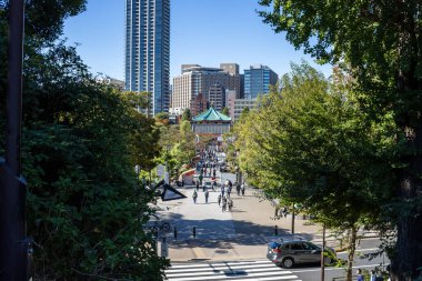 Tokyo, Japonya, 30 Ekim 2023: Ueno 'da geleneksel bir kapıya çıkan işlek bir caddenin manzarası yükseltildi