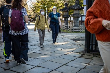 Tokyo, Japonya, 30 Ekim 2023: Shinto türbesine doğru yürüyen turistler