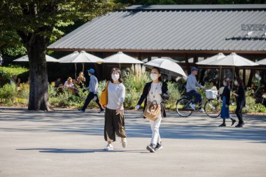 Tokyo, Japonya, 30 Ekim 2023: Güneşli bir günde parklarda gezen ziyaretçiler