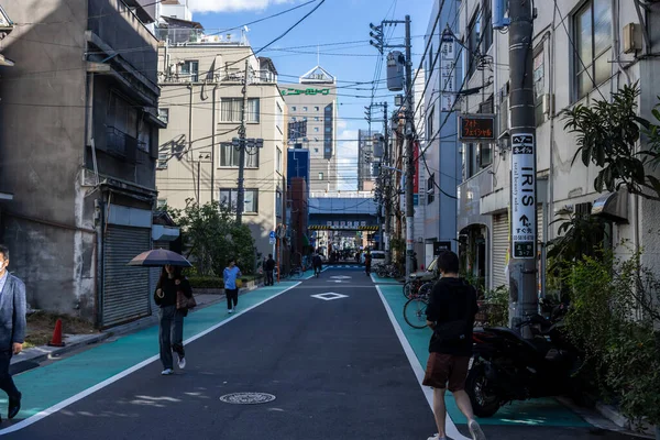 Tokyo, Japonya, 30 Ekim 2023: Tokyo 'da bisiklet yolunda yürüyen şemsiyeli kadın