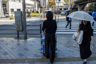 Tokyo, Japonya, 30 Ekim 2023: Yoğun bir kentsel alanda karşıdan karşıya geçmek için bekleyen iki kişi