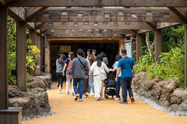 Tokyo, Japonya, 31 Ekim 2023: Ueno Park 'taki ahşap kapıya giren bir grup insan