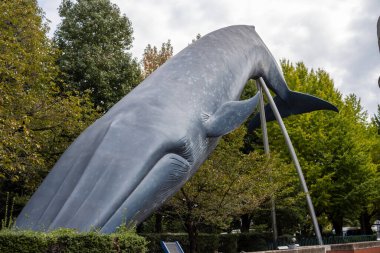 Tokyo, Japonya, 31 Ekim 2023: Tokyo parkında dev balina heykeli