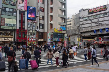 Tokyo, Japonya, 31 Ekim 2023: Tokyo 'nun hareketli alışveriş bölgesinde alacakaranlıkta kalabalık yaya geçidi
