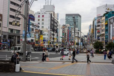 Tokyo, Japonya, 31 Ekim 2023: Tokyo 'da yayalar ve canlı şehir hayatı ile dolu cadde geçişi