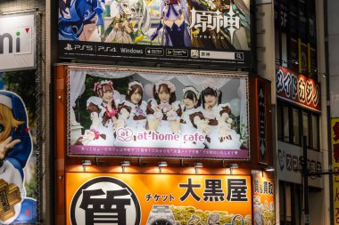 Tokyo, Japonya, 31 Ekim 2023: Akihabara 'daki bir binanın anime temalı reklamları