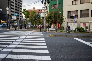 Tokyo, Japonya, 31 Ekim 2023: Tokyo 'da bisikletçiler ve trafiği olan yaya geçidi
