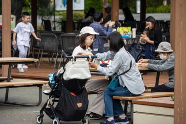 Tokyo, Japonya, 31 Ekim 2023: İnsanlar şehir parkındaki bir kafede oturmaktan keyif alıyorlar