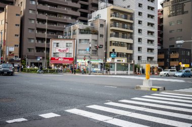 Tokyo, Japonya, 31 Ekim 2023: Tokyo 'da sakin bir caddede binalarla yaya geçidi