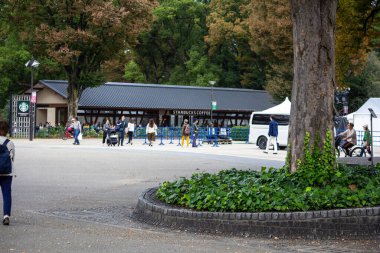 Tokyo, Japonya, 31 Ekim 2023: Arka planda Starbucks Kahvesi olan Ueno Park 'ı ziyaret edenler