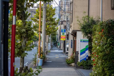 Tokyo, Japonya, 1 Kasım 2023: Yeşillik ve Otomat ile Tokyo 'da Sessiz Sokak