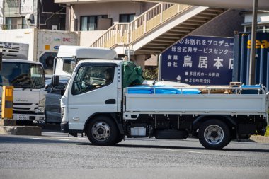 Tokyo, Japonya, 1 Kasım 2023: Arka planda yaya üstgeçidi olan bir Tokyo caddesinde kargo kamyonu