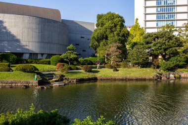 Tokyo, Japonya, 1 Kasım 2023: Geleneksel Japon bahçesindeki bir göletin manzarası ve arka planda modern mimari