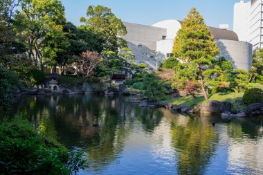Tokyo, Japonya, 1 Kasım 2023: Şehrin gölü ve yeşilliği olan geleneksel Japon bahçesi