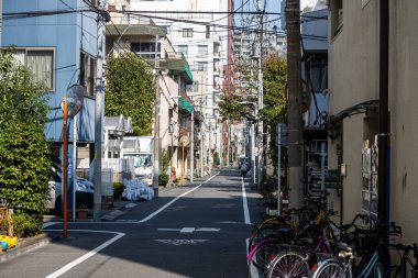 Tokyo, Japonya, 1 Kasım 2023: Parklı Bisikletler ve Yeşilliklerle Sessiz Konut Sokağı
