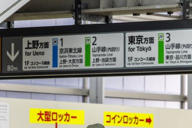 Tokyo, Japonya, 2 Kasım 2023: Ueno ve Tokyo 'ya Yönleri Belirten Tren İstasyonu İmza