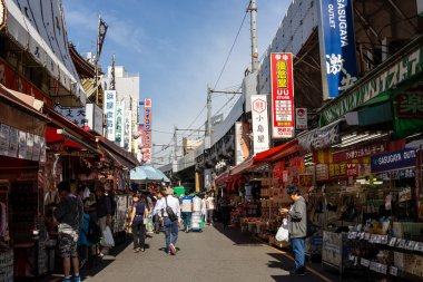 Tokyo, Japonya, 2 Kasım 2023: Dükkanlar ve yayaların bulunduğu kalabalık sokak manzarası