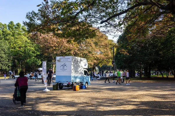 Tokyo, Japonya, 4 Kasım 2023: Yoğun Park 'ta Seyyar Kahve Dükkanı Van Servis Müşterileri