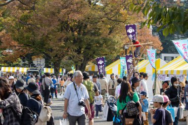 Tokyo, Japonya, 4 Kasım 2023: Geleneksel Japon Sancaklarıyla Kalabalık Festival Caddesi