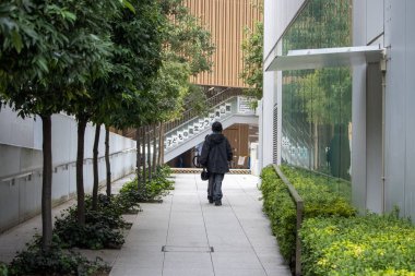 Tokyo, Japonya, 4 Kasım 2023: Tokyo 'daki Modern Binalar Arasındaki Lush Yolu' nda Tek Başına Yürüyen figür