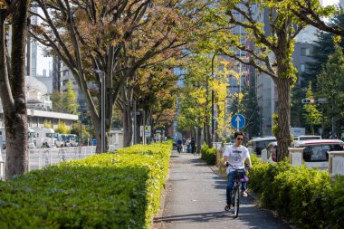 Tokyo, Japonya, 4 Kasım 2023: Şehir Caddesinde Bisiklet Süren Adam
