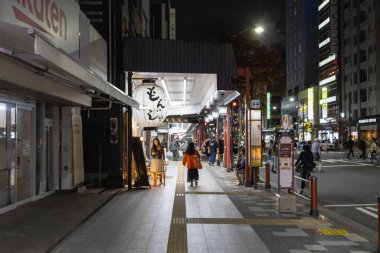 Tokyo, Japonya, 5 Kasım 2023: Tokyo 'da Nighttime Sokak Sahnesi Aydınlanmış İşaretler ve Yayalar