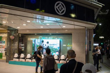 Tokyo, Japan, November 6 2023 : Passersby Observing Panda Display in Storefront clipart