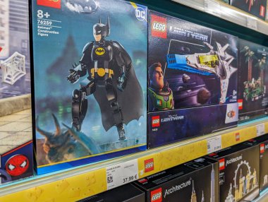 France, 2 March 2024: Assorted LEGO sets featuring superheroes on display clipart