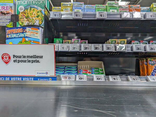 France, 6 March 2024: Supermarket Shelf with Variety of Packaged Products