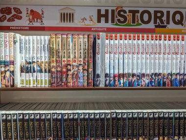 Fransa, 16 Mart 2024: Raflarda Renkli Tarih ve Manga Kitapları Koleksiyonu