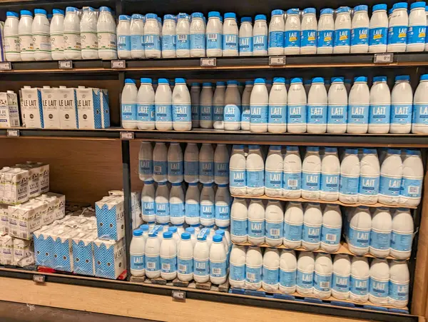 France March 2024 Milk Bottles Cartons Store Shelf — Stock Photo, Image