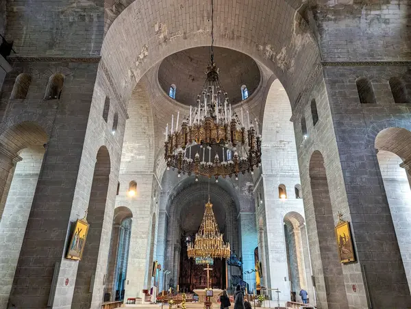 France March 2024 Interior Historic Church Chandeliers — Stock Photo, Image