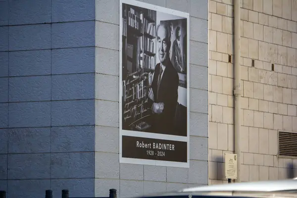 stock image France, 30 March 2024: Memorial Tribute to Robert Badinter Displayed on Building Wall