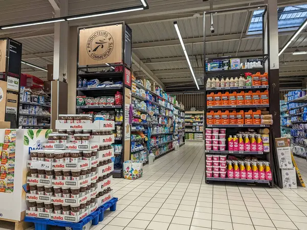 stock image France, 23, May, 2024: Interior of a supermarket with various products on shelves