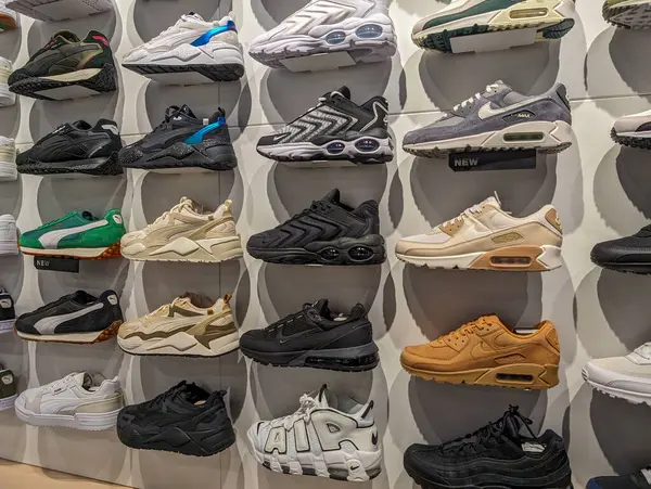 stock image France, 8 May 2024: Display of various sneakers in a shoe store