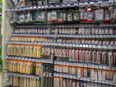 Fransa, 13 Temmuz 2024: Bir hırdavatçıda çeşitli boya fırçaları ve aletlerin gösterimi