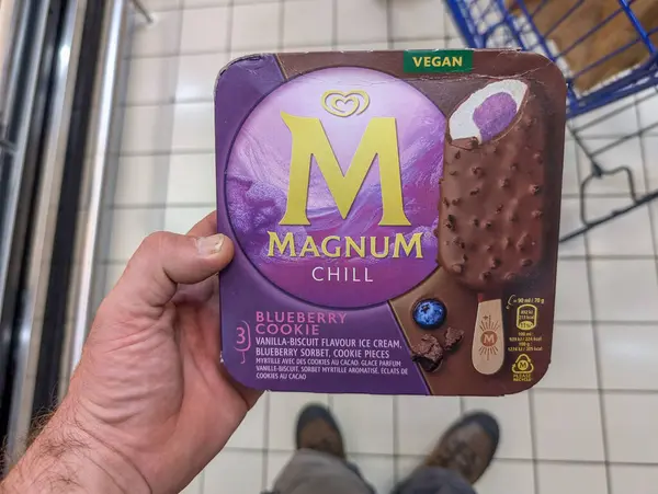 Stock image France, 27 August 2024: Hand holding a box of Magnum Chill Blueberry Cookie vegan ice cream in a supermarket