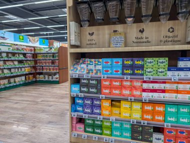 France, 11 September 2024: Tea products displayed on shelf in a French supermarket clipart