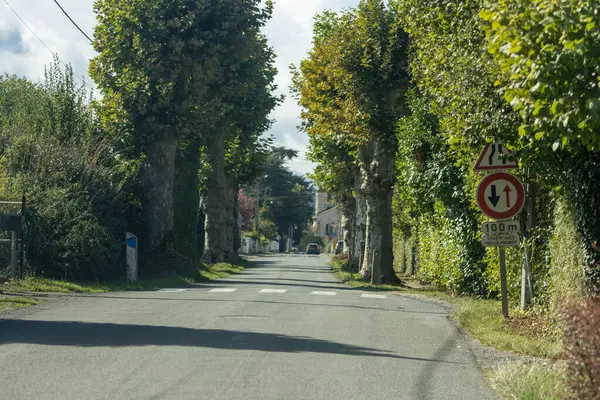 Fransa, 08 Eylül 2024: Ağaçlı Yol Trafik İşareti Uzaklık Önceliğini Gösteriyor