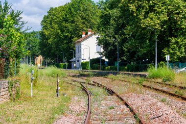 Fransa, 1 Temmuz 2024: Yeşilliklerle çevrili küçük bir istasyona giden terk edilmiş tren yolları