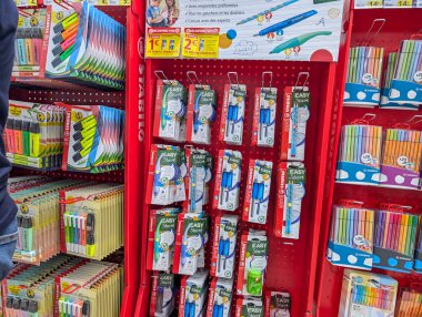 France, 12 August 2024: Display of colorful pens and markers in a stationery store